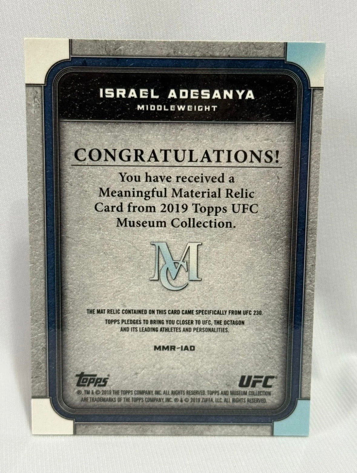 Israel Adesanya Meaninful Relic UFC Card /10 Event Used Canvas from UFC 230 2019 Topps Museum