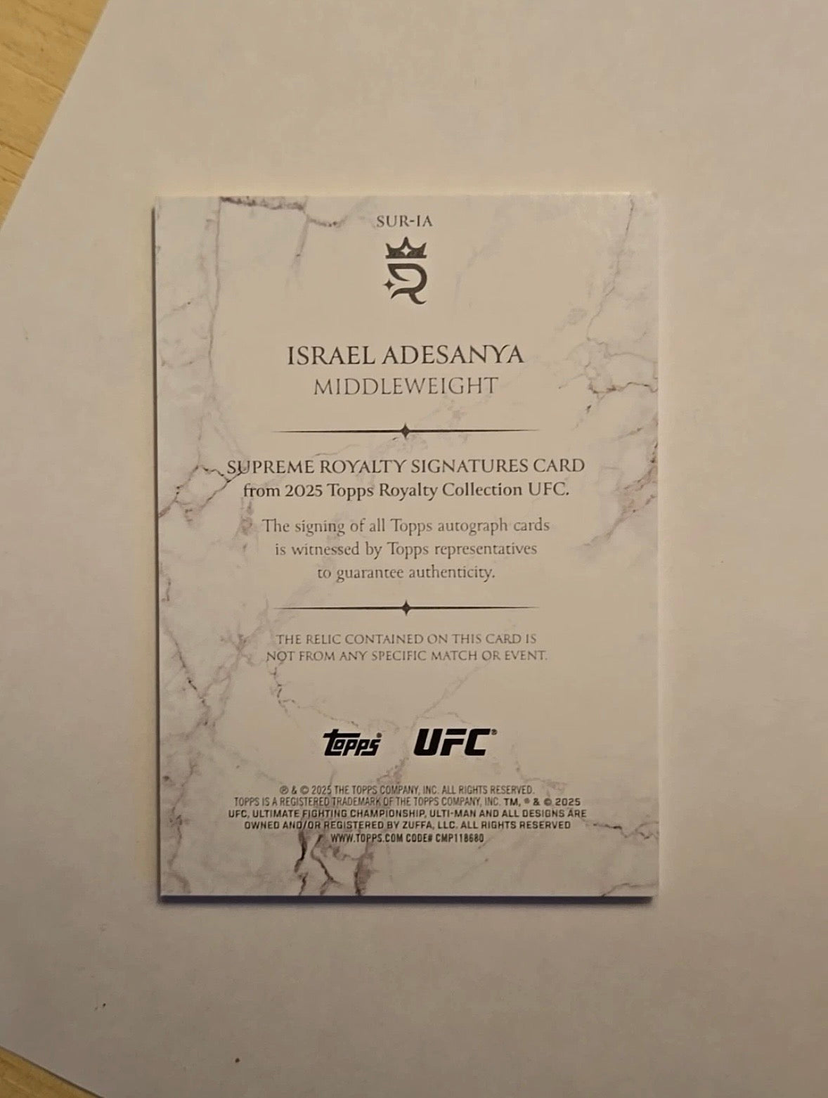 Israel Adesanya Signed UFC Card /49 Royalty 2026 On Card Auto